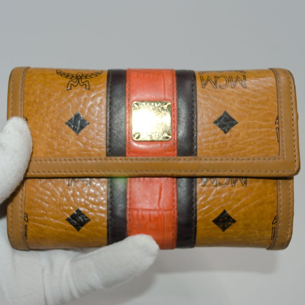 MCM Tan, Brown and Red Logo Continental Wallet